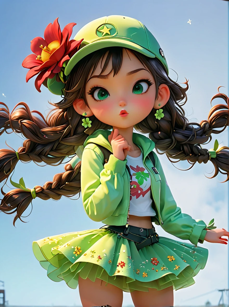 poster design, Flower elements, Starry sky elements, weird, Girl holding two hands and a hat, Deep silver, light green, red light, whole body, Corporate punk, Character detail design, Plush doll art style, Colorful anime stills, Color animation stills, Garage Kit, QR diagram, 2D Game Art, Cute and colorful, intellectual property, 3d, C4D, Blender, Unreal Engine, 8K, overclocked renderer, superb cinematic lighting, Chiaroscuro, detail, art award, Light, Ultra HD, 3d rendering, Realistic design, best quality, author：Faith Ringgold
