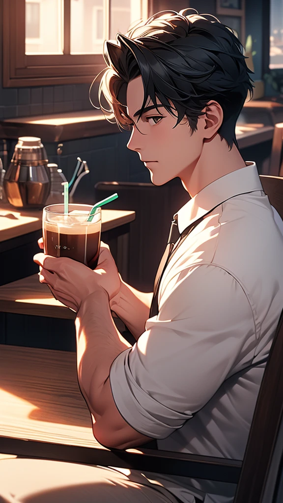 (Extremely detailed CG unified 8k wallpaper),(masterpiece), (best quality), (Super detailed), (Best illustration),(The best shadow), A man,Drink coffee,Stand by the window,black hair,It's dark indoors,The city lights outside the window are bright,silence,White T-shirt,jeans,Half-length photo,placed on the table