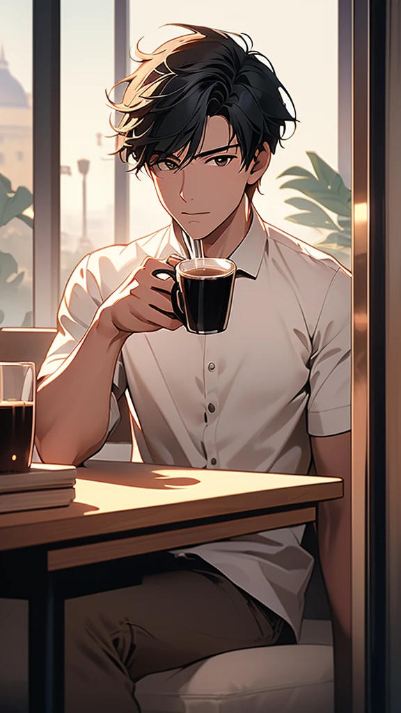 (Extremely detailed CG unified 8k wallpaper),(masterpiece), (best quality), (Super detailed), (Best illustration),(The best shadow), A man,Drink coffee,Stand by the window,black hair,It's dark indoors,The city lights outside the window are bright,silence,White T-shirt,jeans,Half-length photo,placed on the table