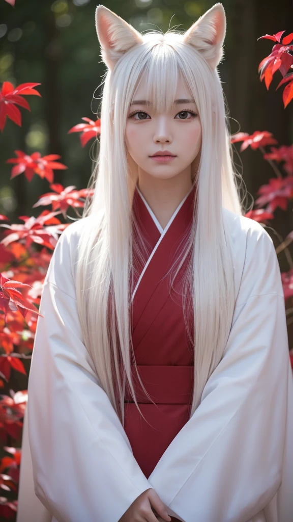 White Demon Fox、Nine-tailed Fox、Japanese women、kimono、Fair skin、Red lines on face、8K、I have long hair