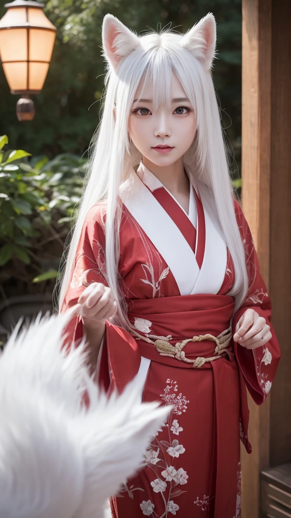 White Demon Fox、Nine-tailed Fox、Japanese women、kimono、Fair skin、Red lines on face、8K、I have long hair