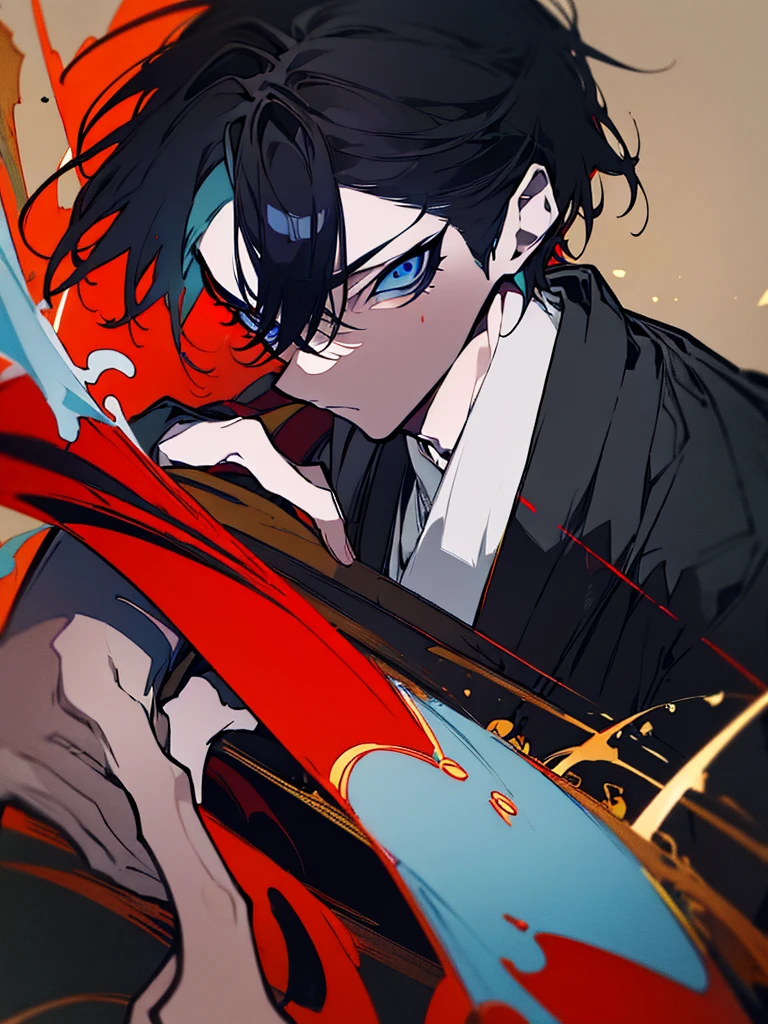 a close up of a person with a sword and a guy with a red dress, handsome guy in demon slayer art, best anime character design, detailed anime character art, anime character; full body art, anime character design a death god, character adoptable, handsome japanese demon boy, bloody + concept art, official character art, onmyoji detailed art, beautiful male god of death a close up of a person in a black dress with a gold belt, flowing white robes, white haired deity, genshin impact character, golden-black robes, picture of a male samurai and death god, d&d dark sun character art, official character art, portrait of ororo munroe, holding a katana, holding a katana, holding a katana, holding a katana, holding a katana, bloody, bloody, bloody, bloody, red and golden effects, red and golden effects, red effects, golden effects,black hair, black hair, black hair, black hair, black hair, golden effects, golden effects, BLUE eyes, BLUE eyes, BLUE eyes, BLUE eyes