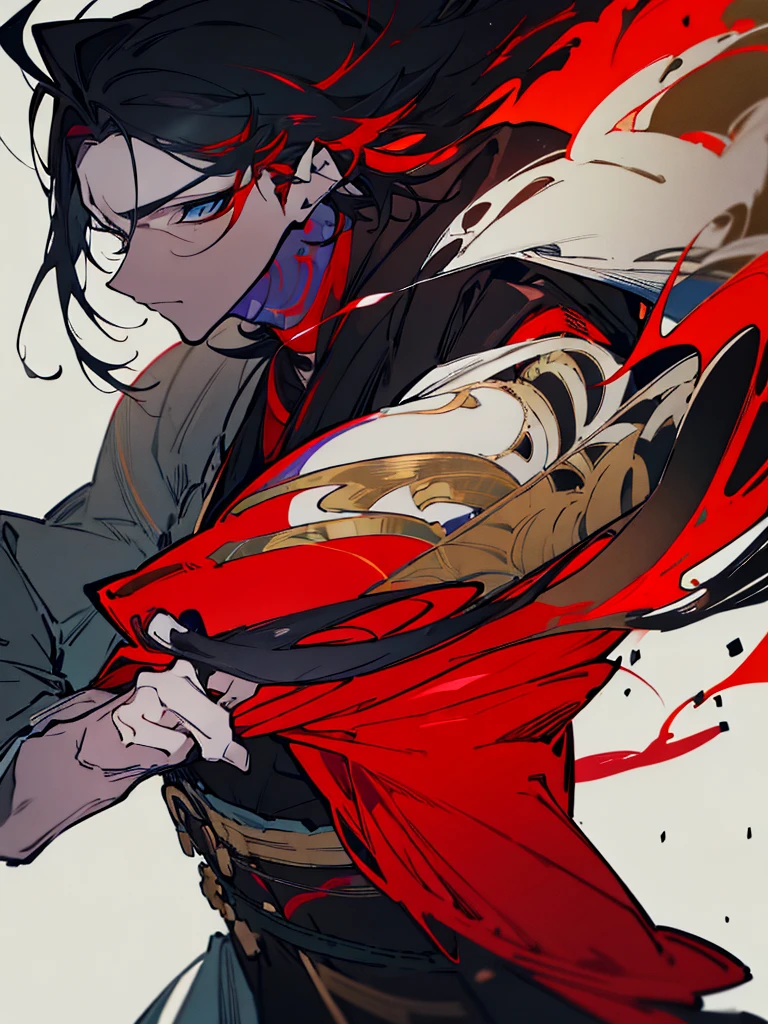 a close up of a person with a sword and a guy with a red dress, handsome guy in demon slayer art, best anime character design, detailed anime character art, anime character; full body art, anime character design a death god, character adoptable, handsome japanese demon boy, bloody + concept art, official character art, onmyoji detailed art, beautiful male god of death a close up of a person in a black dress with a gold belt, flowing white robes, white haired deity, genshin impact character, golden-black robes, picture of a male samurai and death god, d&d dark sun character art, official character art, portrait of ororo munroe, holding a katana, holding a katana, holding a katana, holding a katana, holding a katana, bloody, bloody, bloody, bloody, red and golden effects, red and golden effects, red effects, golden effects,black hair, black hair, black hair, black hair, black hair, golden effects, golden effects, BLUE eyes, BLUE eyes, BLUE eyes, BLUE eyes