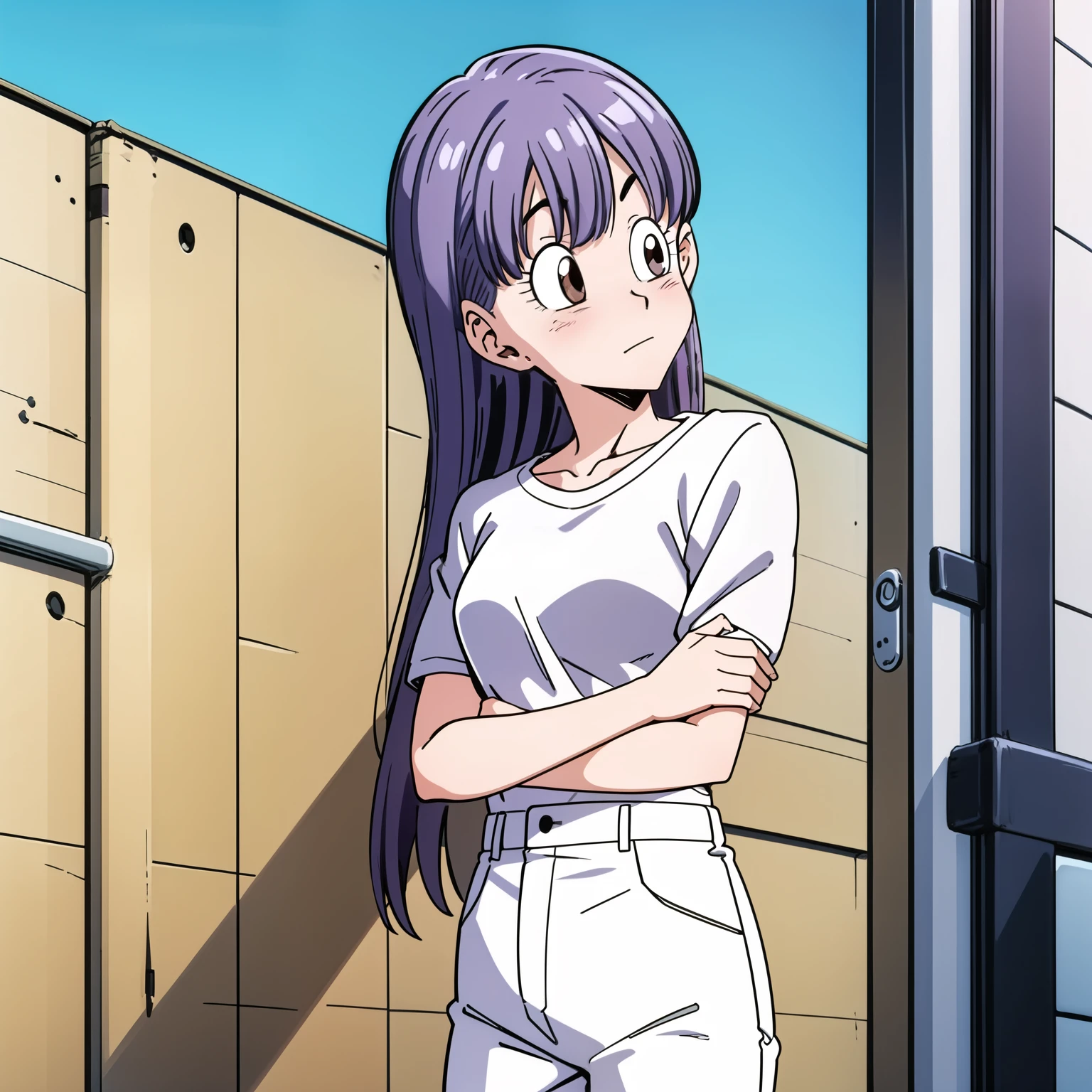 Bloomers, Cell Saga, Semi-long hair, Purple Hair, No bangs, Brown eyes, One girl, alone, Cross your arms, White shirt, White pants, From the side, blush, Look to the side, Wind, eyelash, From the chest up, Embarrassed, Raise your eyebrows, 