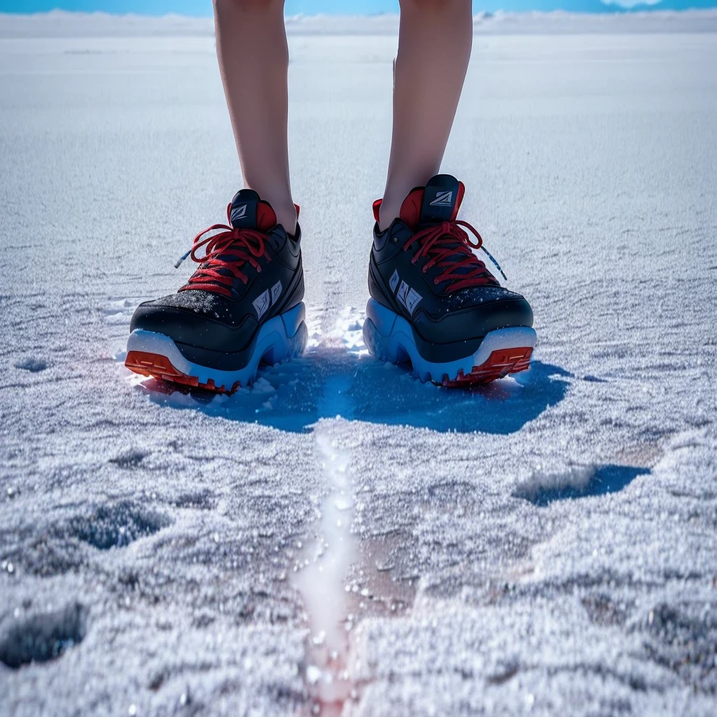 Someone is standing in the snow with their shoes on, In Salar de Uyuni, In Salar de Uyuni, Running to the edge of space, Walking on ice, Walking on an ice planet, Built on the Uyuni Salt Flats, Leather shoes photos, Standing on a rocky ground, Ground distance method