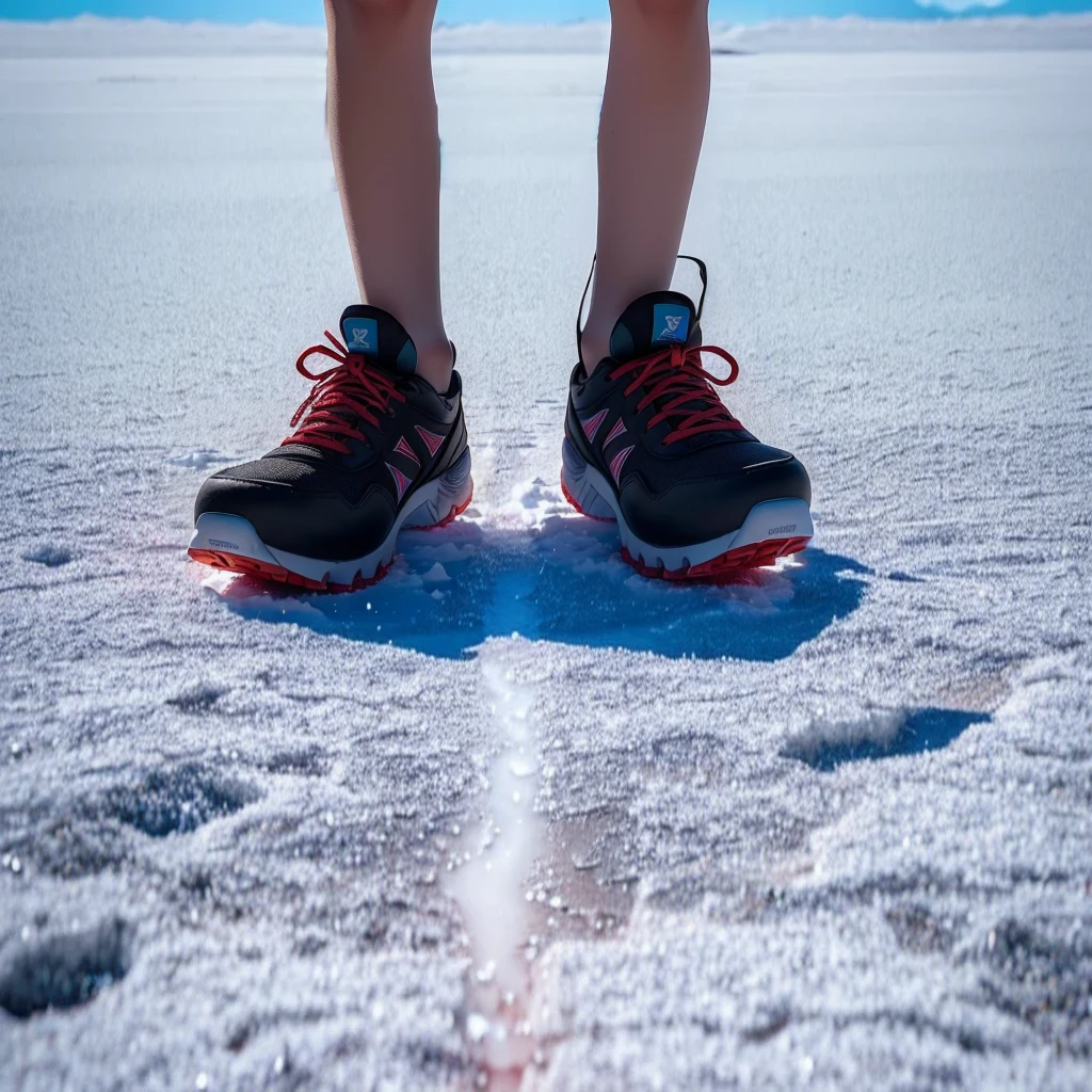 Someone is standing in the snow with their shoes on, In Salar de Uyuni, In Salar de Uyuni, Running to the edge of space, Walking on ice, Walking on an ice planet, Built on the Uyuni Salt Flats, Leather shoes photos, Standing on a rocky ground, Ground distance method