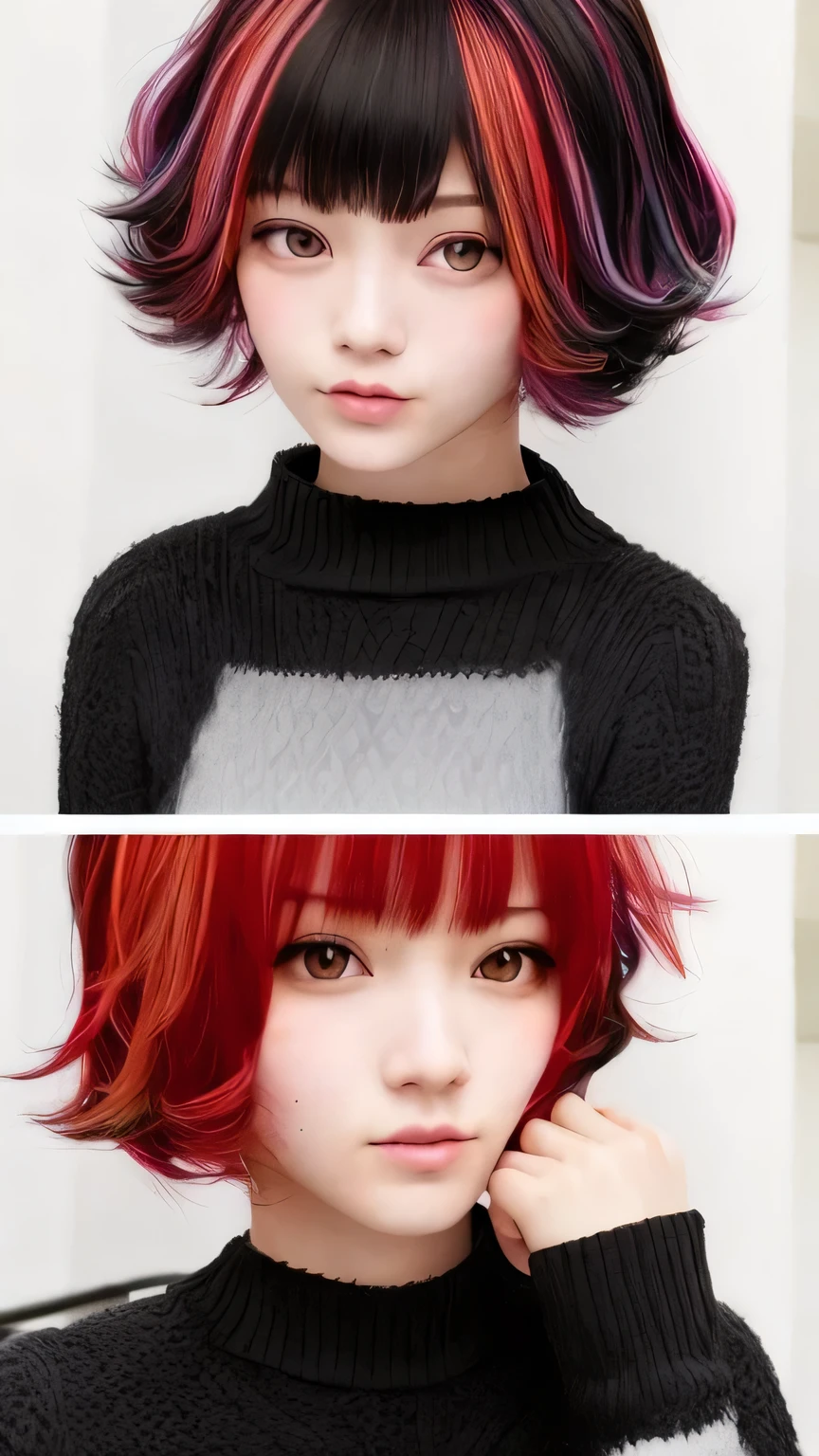 muff, red hair, black hair, multicolored hair, short hair,