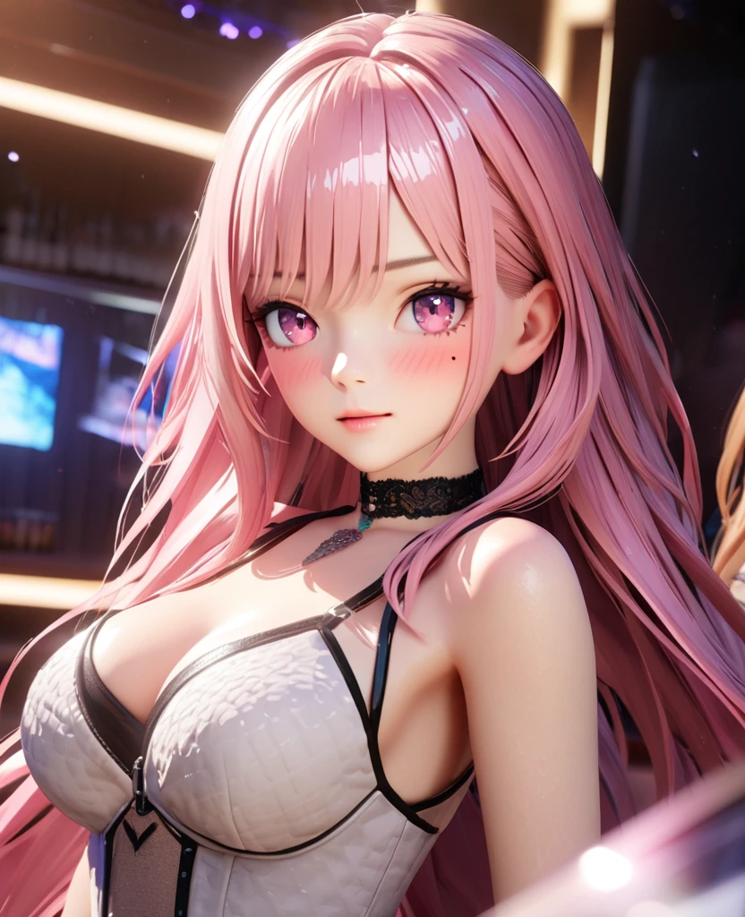 masterpiece, best quality, very detailed, high resolution, expensive resolution, high resolution, 4K, 8k, Unity 8k wallpaper, highly detailed CG, masterpiece, 2D, 3D, beautiful details, depth, fine texture, best quality: 1.3, perfectly focused, crispy skin, he,
Very cute anime girl, two girls who are employees of a night bar, sexy dress, big breasts, expensive pink medium long hair and brown short hair, two girls, night bar, mole under eye, looking at the viewer, expensive, blush, mole, lips parted,, heart, pink eyes, choker
