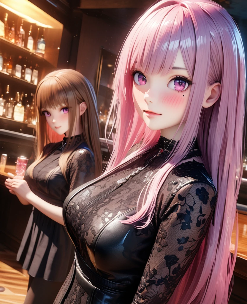 masterpiece, best quality, very detailed, high resolution, expensive resolution, high resolution, 4K, 8k, Unity 8k wallpaper, highly detailed CG, masterpiece, 2D, 3D, beautiful details, depth, fine texture, best quality: 1.3, perfectly focused, crispy skin, he,
Very cute anime girl, two girls who are employees of a night bar, sexy dress, big breasts, expensive pink medium long hair and brown short hair, two girls, night bar, mole under eye, looking at the viewer, expensive, blush, mole, lips parted,, heart, pink eyes, choker