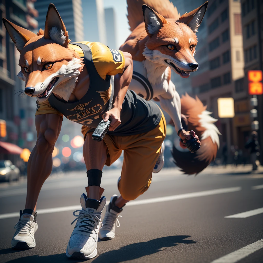 photorealistic 3d detailed character, jogging pose, fox-like anthropomorphic, eccentric sneakers, hyperrealistic, cinematic lighting, highly detailed, intricate textures, dynamic motion blur, 4k, hyper detailed