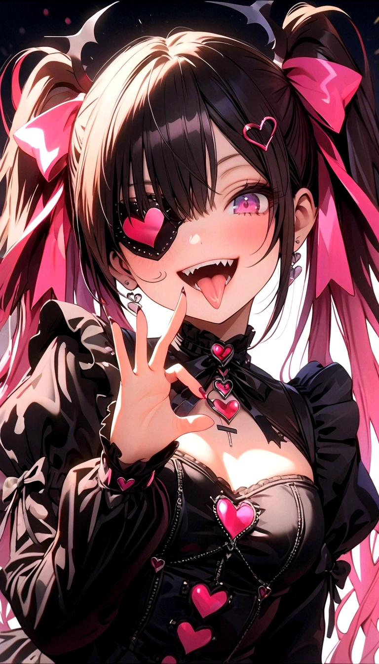 woman\((Lovely,Eye mask\(very Lovely, Gothic fashion,Heart mark\):1.3),,skin\(White,pale,Smooth,Silky,shining\),Eye\(beautiful,Many star-shaped highlights\),make up\(pink\),(Evil smile:1.3),open mouth,Sharp Teeth,Long tongue,hair\(pink,Double tail,floating,Rolled,detailed,shining\),hairclip\(Heart\),Costumes\(pink colored gothic lolita\),eyele\(pink:1.3\),(narrow Eye),very Lovely pose,(Chest:1.3),Open lysis, Lovely hand sign\), rest ,background\(Harajuku\(Tokyo,Japan\),night,Lovely,want to,dark\), rest ,quality\(8K,wallpaper of extremely detailed CG unit, masterpiece,high resolution,top-quality,top-quality real texture skin,Surrealism,提high resolution,original photo,Best quality,highly detailed,wallpaper,Movie Lighting,Ray Tracing,Golden Ratio\),(Dynamic Angle),(Close-up of face:1.3),Looking down at the audience,From below,Better Hands