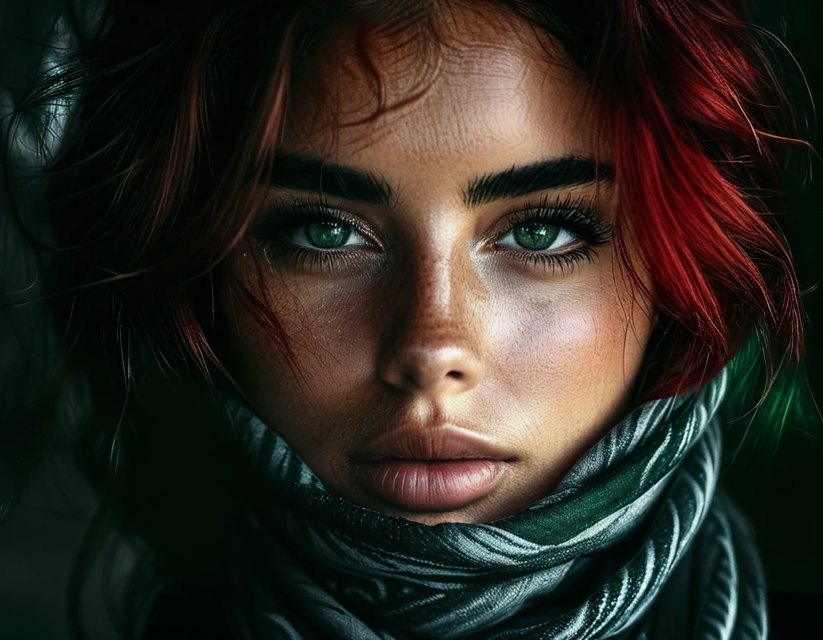black and white photo, (Medium shot: 1.37), portrait of a woman, headscarf, The same scarf covers mouth and nose., Beautiful dark green eyes, red hair, some strands of hair visible, (better quality, 4k,8k,high resolution,Masterpiece:1.2),ultra detailed,(realistic,photorealistic,photo-realistic:1.37),oil painting style,warm color tones,soft lighting,Discreet lighting style