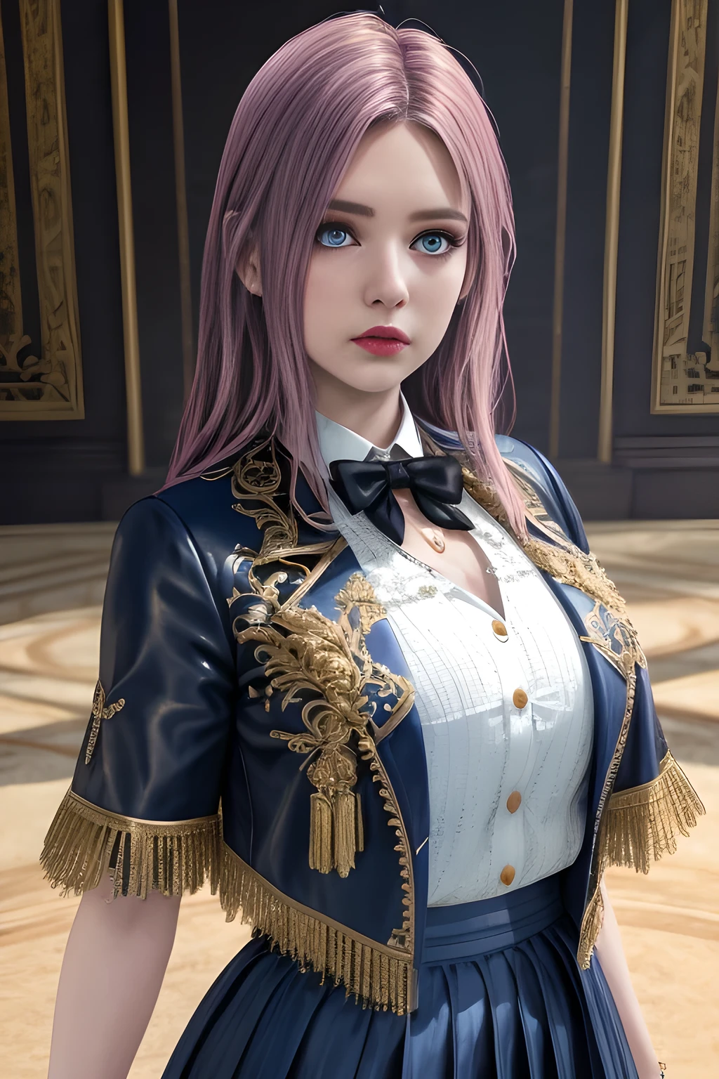 1girl,The upper body is a dark blue short-sleeved suit jacket, paired with a white shirt and a black tie. The jacket is decorated with white stripes, which adds a sense of fashion and layering. The lower body is a dark blue skirt that matches the jacket, ,beautiful detailed eyes, beautiful detailed lips, extremely detailed eyes and face, long eyelashes, best quality, 4k, 8k, highres, masterpiece, ultra-detailed, realistic, photorealistic, photo-realistic, ethereal glow, regal elegance, intricate details, luxurious, otherworldly beauty, dark atmospheric background, supernatural aura,  elise,