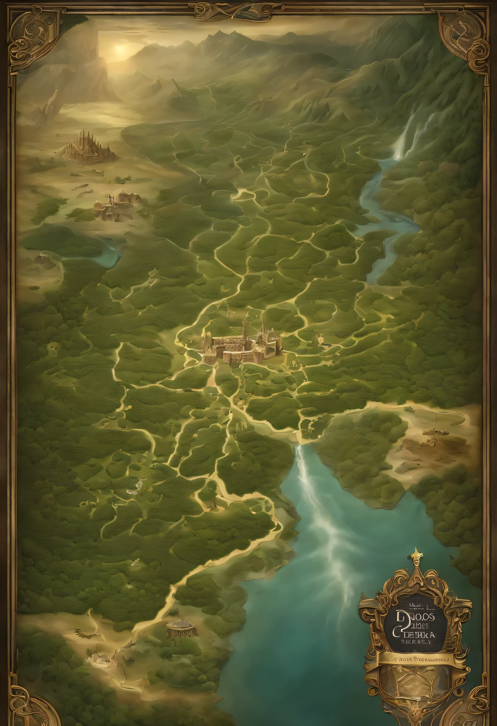 Map of a world D&D with Star Forest, Luminous Dragon Mountains, Lakes of water nymphs, fairy cities, Desert of the Enigmatic Sphinxes, fairy light caves, Temples of the shooting stars, Earth Gnome Villages, Mermaid Island, Unicorn Valleys, Temple of Eternal Time