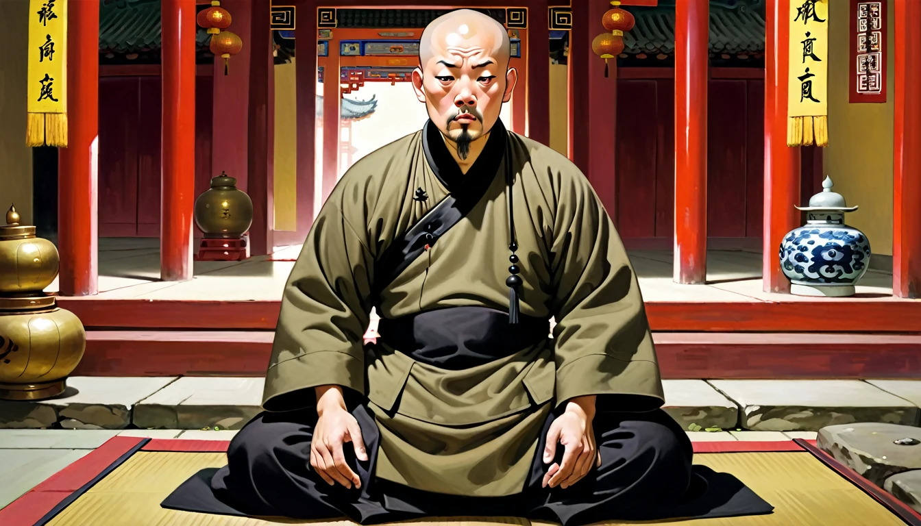 a middle-aged Chinese monk named Ken, square face, olive skin, black eyes, bald, goatee, forehead scar, wearing a khaki Chinese traditional cassock, black cloth shoes, meditating in Temple, with a puzzled expression