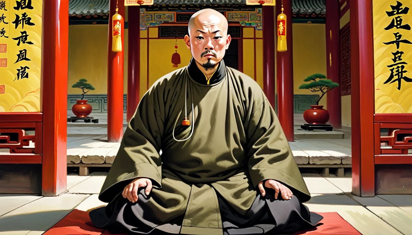 a middle-aged Chinese monk named Ken, square face, olive skin, black eyes, bald, goatee, forehead scar, wearing a khaki Chinese traditional cassock, black cloth shoes, meditating in Temple, with a puzzled expression