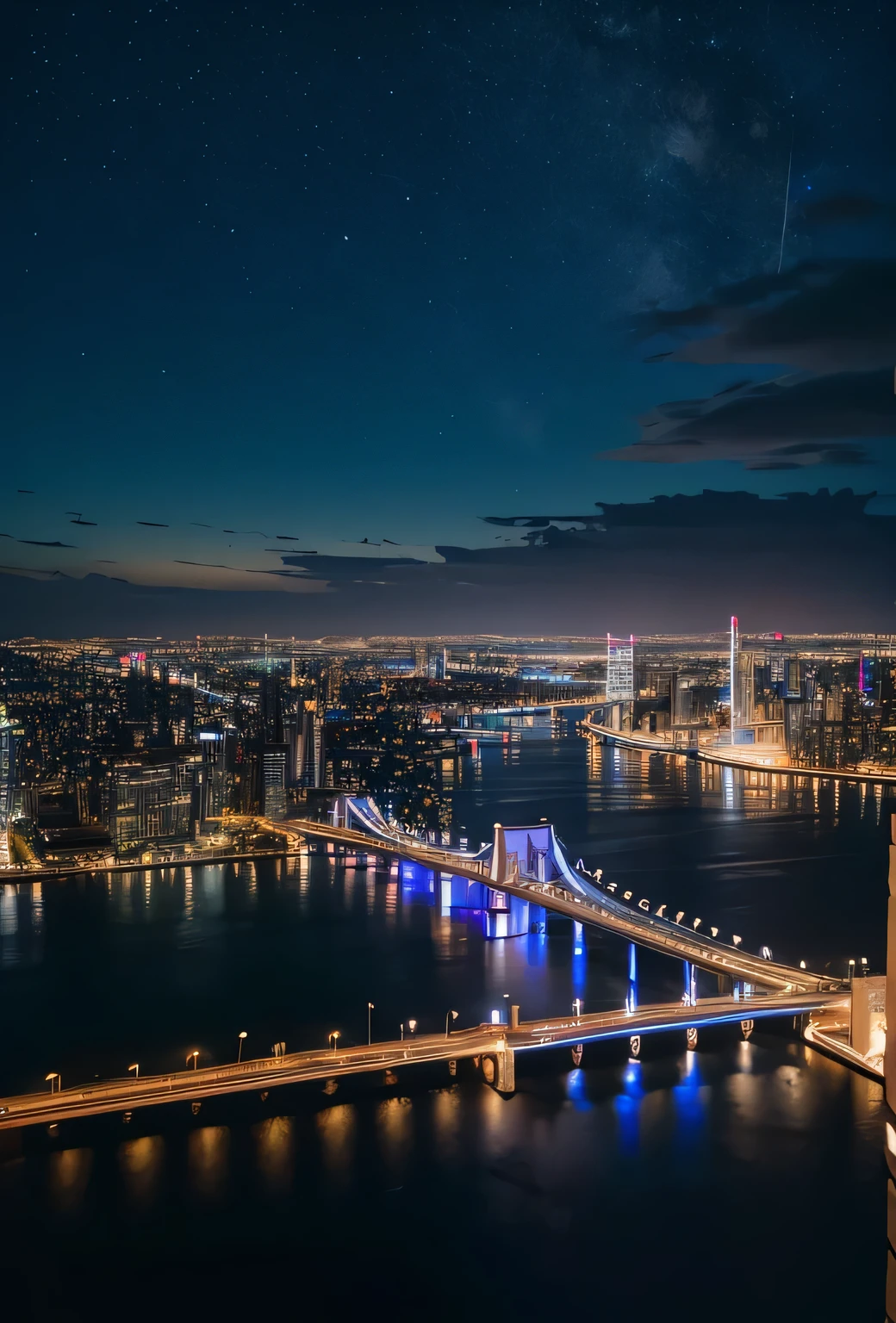 プールと街のスカイラインのNight view, Long Exposure 8k, Cinematic Shot AR 9:16 -n 6 -g, 8K 28mm Cinematic Photo, Night photography, Night photography, Night Shots, Low exposure HDR 8 K, Night photography, Night view, Full shot of the movie, extremely detailed 8k photo