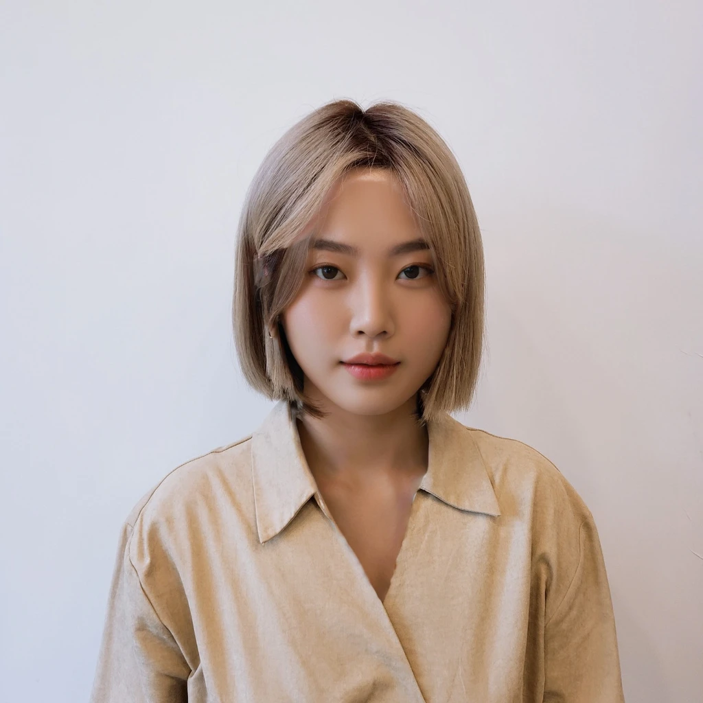 Best Quality, 8k, Masterpiece, (Portrait: 1.3), (photo realistic:1.4), (hyper realistic:1.4), Sharp Focus, looking at viewer, (smoother lighting:1.1), (increase cinematic lighting quality:0.9), realistic lighting, backlighting, light on face, ray trace, (brightening light:1.2), (Increase quality:1.4), sharp detail, (best quality real texture skin:1.4), finely detailed eyes, black_eyes, finely detailed face, 25 year old Korean woman, (white formal_shirt:1.4), (Create an image maintaining the original base model hairstyle:1.5)