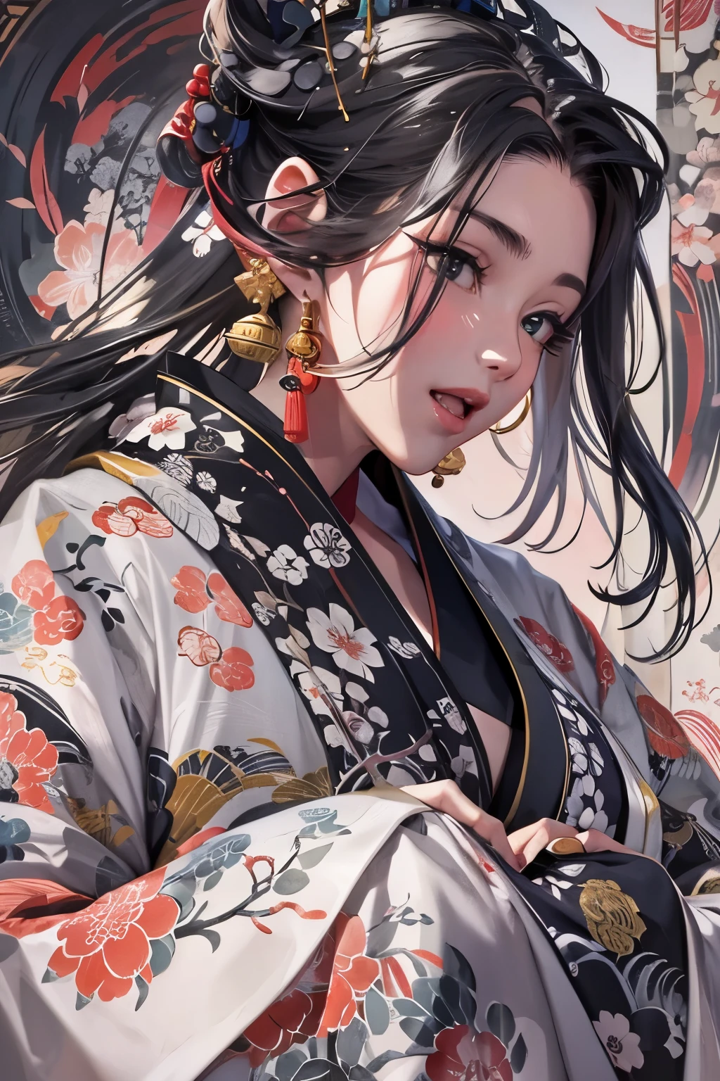 Wait warrior sexy, pretty face, Delicious Company, Alluring figure, Wearing a sexy open kimono. The artwork is created in a medium reminiscent of Japanese ink paintings....., Features bold brushstrokes and a Monochromatic color palette. Artist&#39;Masterful technique reveals the intensity and power of the image&#39;sense of presence，with the highest quality, Perfectly capture every detail with ultra-high resolution. Textures and intricate patterns on kimonos are rendered with extreme precision. Lighting is carefully designed，Enhance drama, Features deep shadows and subtle highlights. general, The artwork exudes elegance and power, Combining traditional Japanese aesthetics with a modern feel. Monochromatic color palette, Combine details, Create captivating and immersive experiences for your audience.