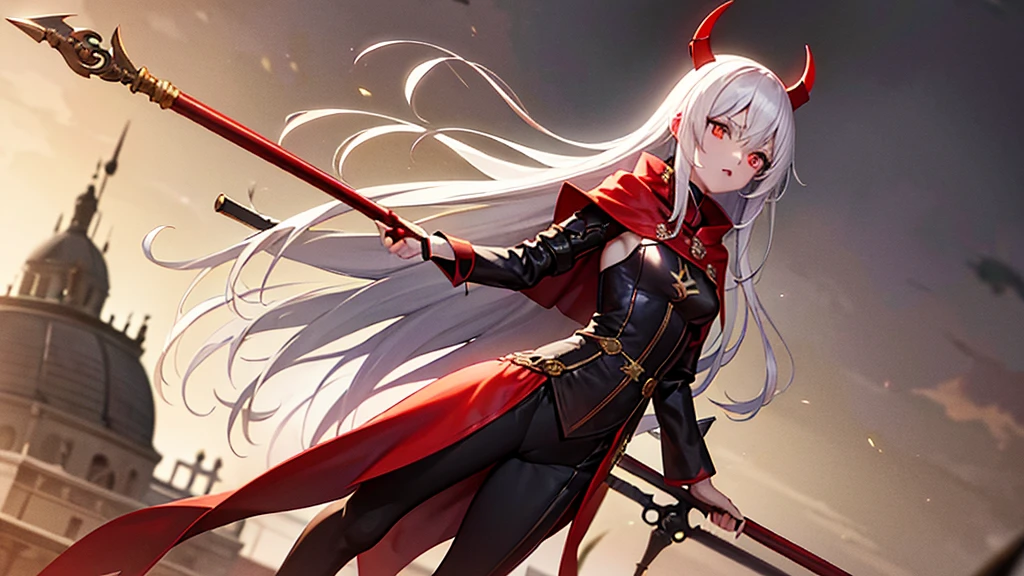 little Red Riding Hood,Fantasy World,White hair,Sexy body,tall,slim,Wearing tights,Red and gold eyes,With a musket in his hand,Wearing black,Hair with red highlights,Wearing leather armor,Metal arm armor,Wears a red hood,Wear a shawl,The shawl is very short,Wearing long boots,side fringe,Hips,Royal sister,Demon hunter,High and cold,