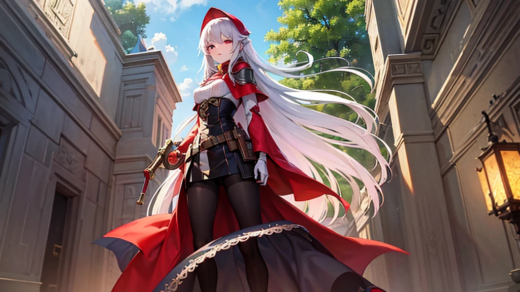 little Red Riding Hood,Fantasy World,White hair,Sexy body,tall,slim,Wearing tights,Red and gold eyes,With a musket in his hand,Wearing black,Hair with red highlights,Wearing leather armor,Metal arm armor,Wears a red hood,Wear a shawl,The shawl is very short,Wearing long boots,side fringe,Hips,Royal sister,Demon hunter,High and cold,