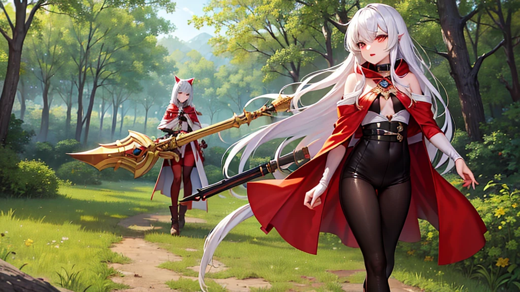 little Red Riding Hood，Fantasy World，White hair，Sexy body，tall，slim，Wearing tights，Red and gold eyes，With a musket in his hand，Wearing black，Hair with red highlights，Wearing leather armor，Metal arm armor，Wears a red hood，Wear a shawl，The shawl is very short，Wearing long boots，side fringe，Hips，Royal sister，Demon hunter，High and cold，