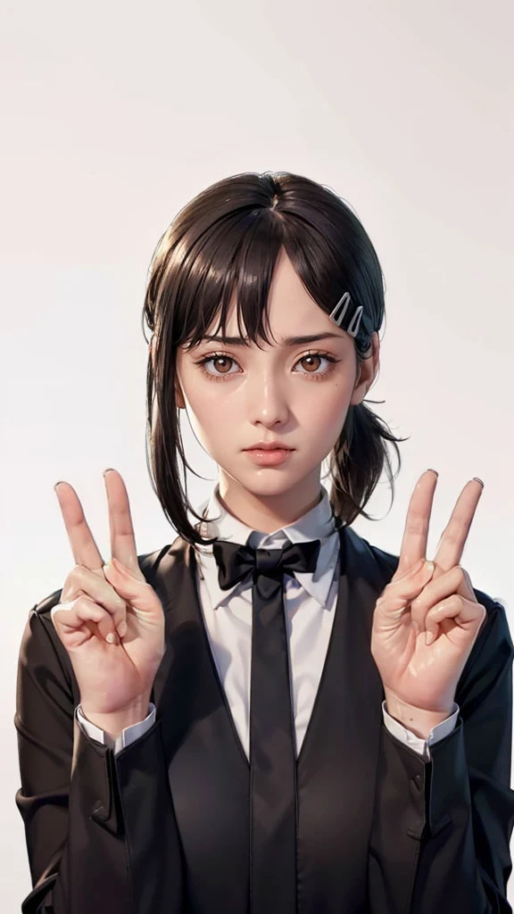 (（（Perfect body,White and tender skin,（（（Black strap dress, black long bow tie, white lining, black hat）））,（（（Kobeni Higashiyama, black hair, hair ornament, hairclip,  ponytail, short hair, (brown eyes:1.5),）））,((masterpiece)),highres,((Best quality at best)),masterpiece,quality,Best quality,(（（ Exquisite facial features,Looking at the audience,There is light in the eyes,(（（frown，Wronged））），Scissorhands）））,（（（Light and shadow,Huge breasts,）））,（（（Looking at the camera,White background)））)