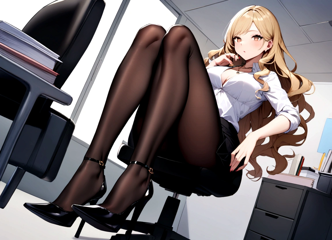 Blonde, Long wavy hair, Large target , Sexy long legs, Black pantyhose, Black skirt, black High heel, White shirt, Diamond necklace, office chair, full-body shot, notebook, Tempting, Wide-angle view, High heel.