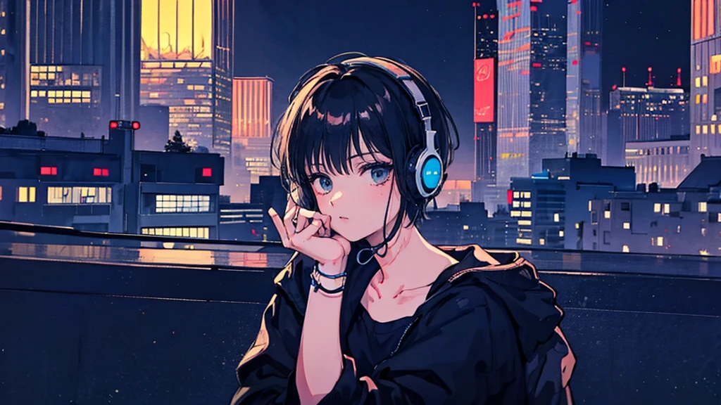 Black short Hair, Black Clothing, One Adult Woman Looking Sideways ,Blue headphones、 City of night, Delicate background、Masterpiece、Night Town、night、dark、Nostalgic、City