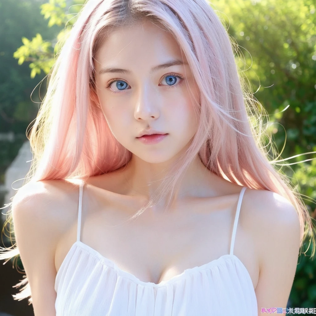 girl,fit,thin white dress,Japanese face,long hair,light pink hair,blue eyes,The breasts are not very large.,Not plump,Pink cheeks