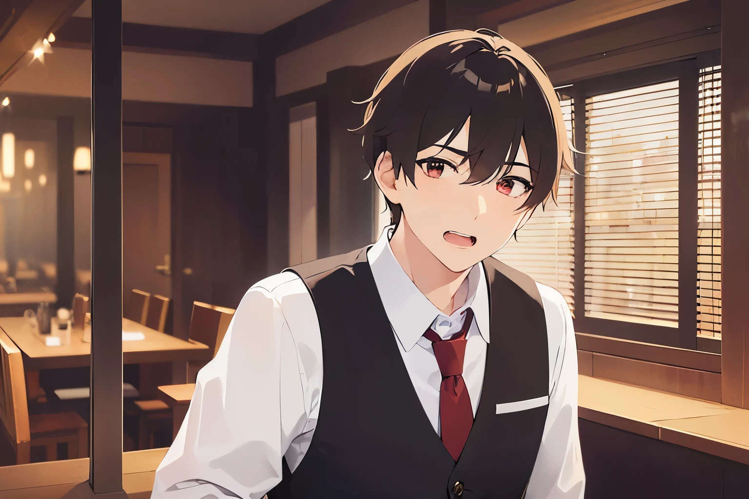 upper body、shiny skin、masterpiece、Highest quality、(25-year-old male:1.5) and (mahogany brown short hair) and (red eyes), (gray collared shirt)、Are standing、(surprised:1.3), open mouth, The background is the interior of a restaurant at night.、(Alone:1.5)、