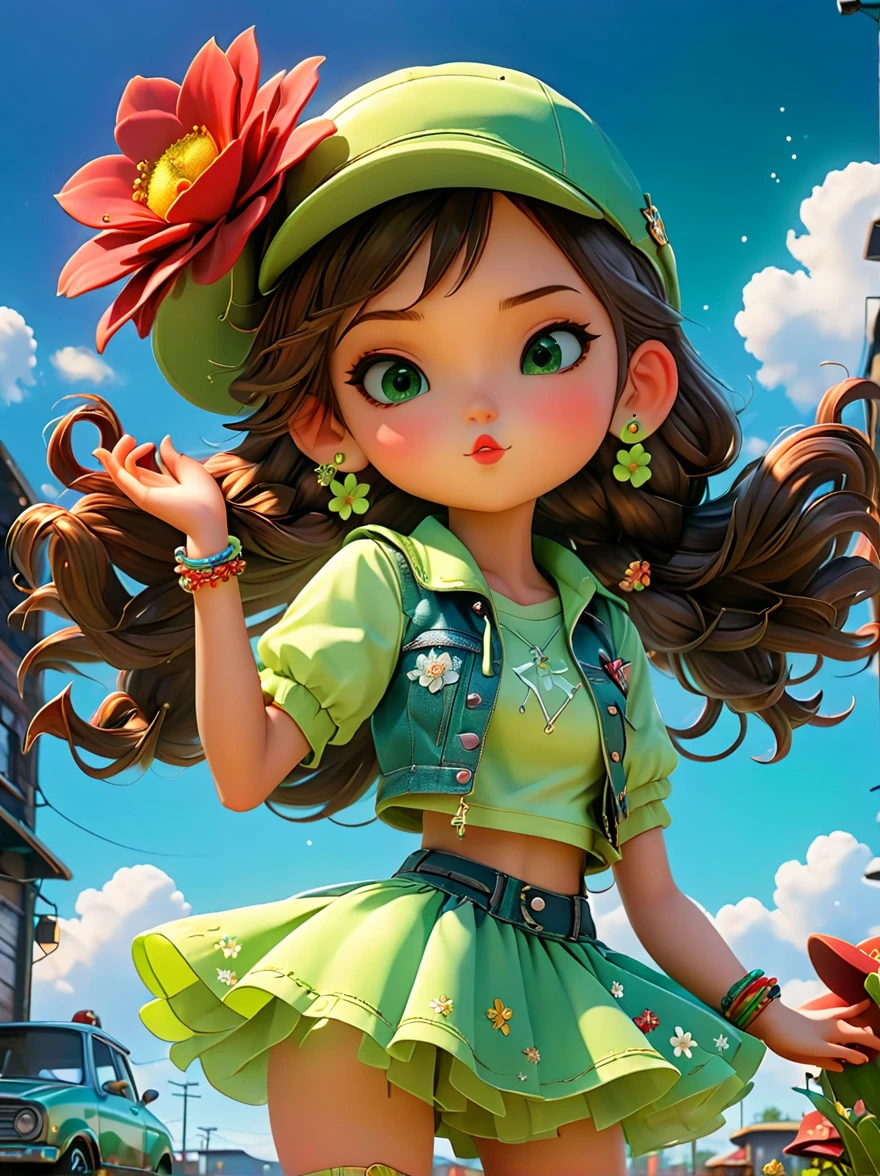poster design, Flower elements, Starry sky elements, weird, Girl holding two hands and a hat, Deep silver, light green, red light, whole body, Corporate punk, Character detail design, Plush doll art style, Colorful anime stills, Color animation stills, Garage Kit, QR diagram, 2D Game Art, Cute and colorful, intellectual property, 3d, C4D, Blender, Unreal Engine, 8K, overclocked renderer, superb cinematic lighting, Chiaroscuro, detail, art award, Light, Ultra HD, 3d rendering, Realistic design, best quality, author:Faith Ringgold