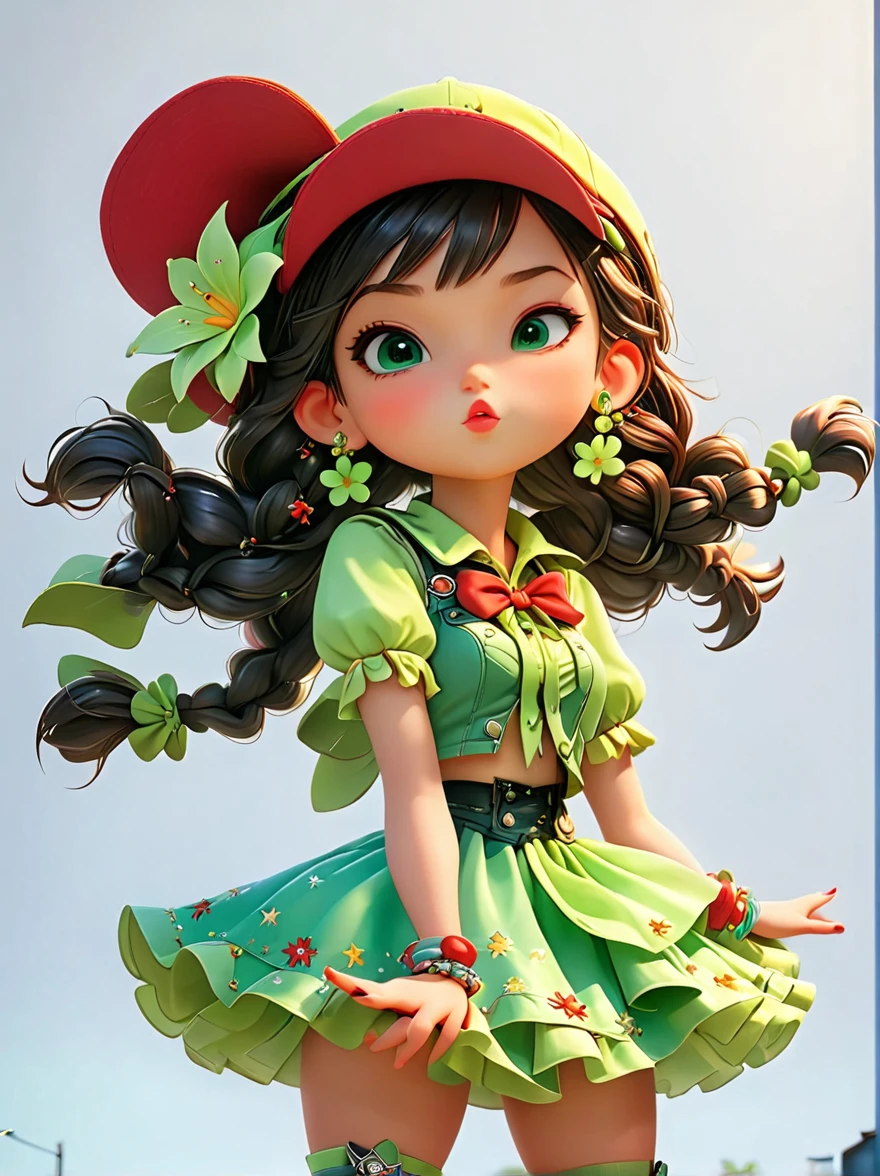 poster design, Flower elements, Starry sky elements, weird, Girl holding two hands and a hat, Deep silver, light green, red light, whole body, Corporate punk, Character detail design, Plush doll art style, Colorful anime stills, Color animation stills, Garage Kit, QR diagram, 2D Game Art, Cute and colorful, intellectual property, 3d, C4D, Blender, Unreal Engine, 8K, overclocked renderer, superb cinematic lighting, Chiaroscuro, detail, art award, Light, Ultra HD, 3d rendering, Realistic design, best quality, author:Faith Ringgold
