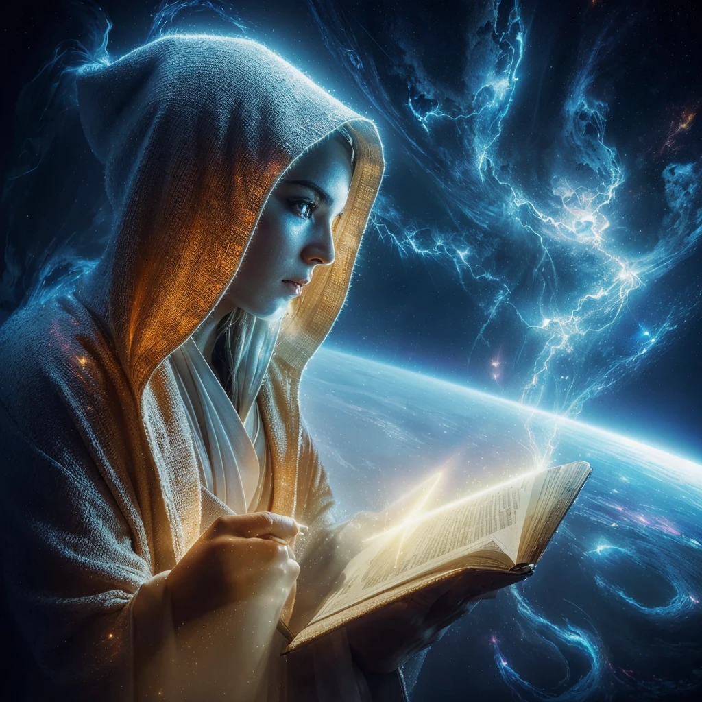 A being of light taking note, observing the event, wears a bright robe with a hood. Photorealism, full view, highly detailed image, very realistic, hyperrealism, Ultra HD, 8k, 5, sharp focus, intricate and mysterious masterpiece. (Long exposure photography Highly detailed close-up portrait art illustration: final quality, medium shot, backlit, Rich and eye-catching. Enigmatic and mysterious manipulations (composition of the rule of thirds), ((detailed environment with strong lines) The best quality, in camera, white light, warm and clean aesthetics, dazzling screen composed of millions of brilliant ultraviolet rays, HDR.