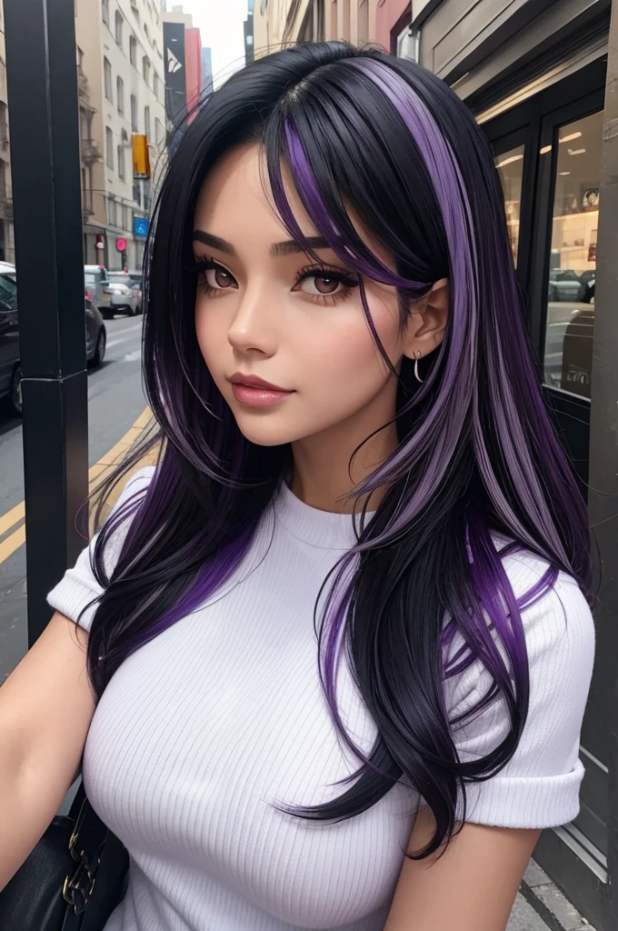 a beautiful woman with black hair and purple highlights taking a selfie