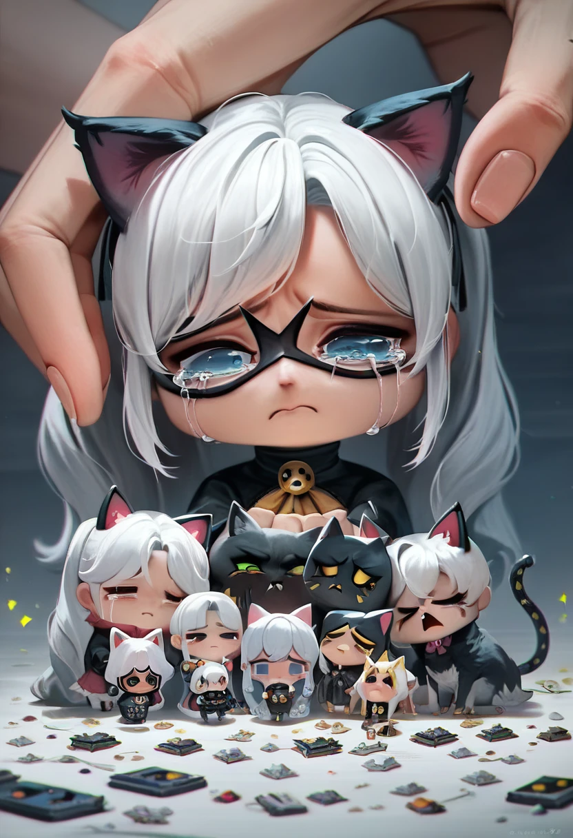 (best quality,4k,highres,ultra-detailed,masterpiece:1.3), black cat, Anime girl, stylized, korean hanbok, traditional korean, animals, Fine art, chibi caracter, sad, sorrow, crying