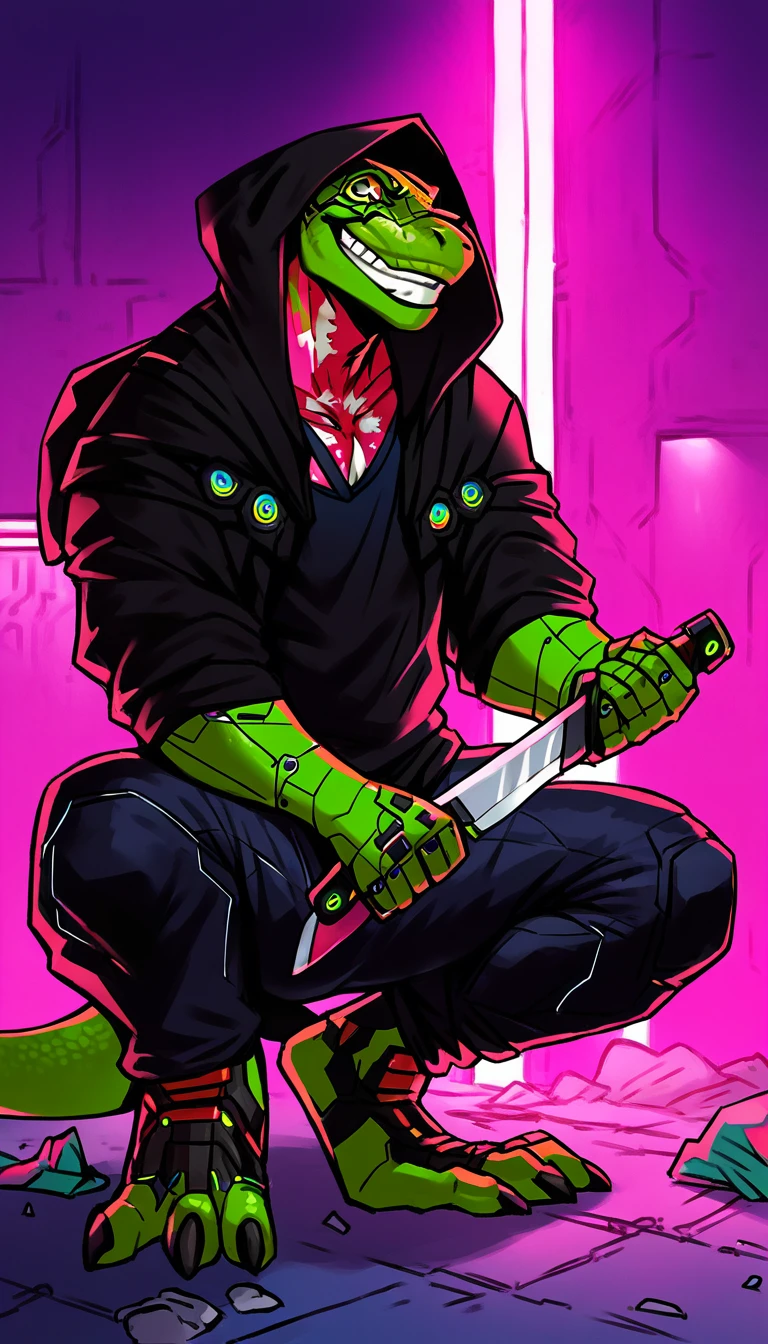 score_9, score_8_up, score_7_up, (cyberpunk, dark night, underground dark room background), (trash, ((lizard:1.2), anthro, male, solo, ((crazy smile, grin)), ((holding knife)), (Squatting, on their haunches), ((wearing cyberpunk style black clothes, hood, hoody, pants:1.5)), lizard skin, lizard scales, short haircut, beautiful), (wearing a cyberpunk augmentations, cybernetic eyes, implants,:1.5)
