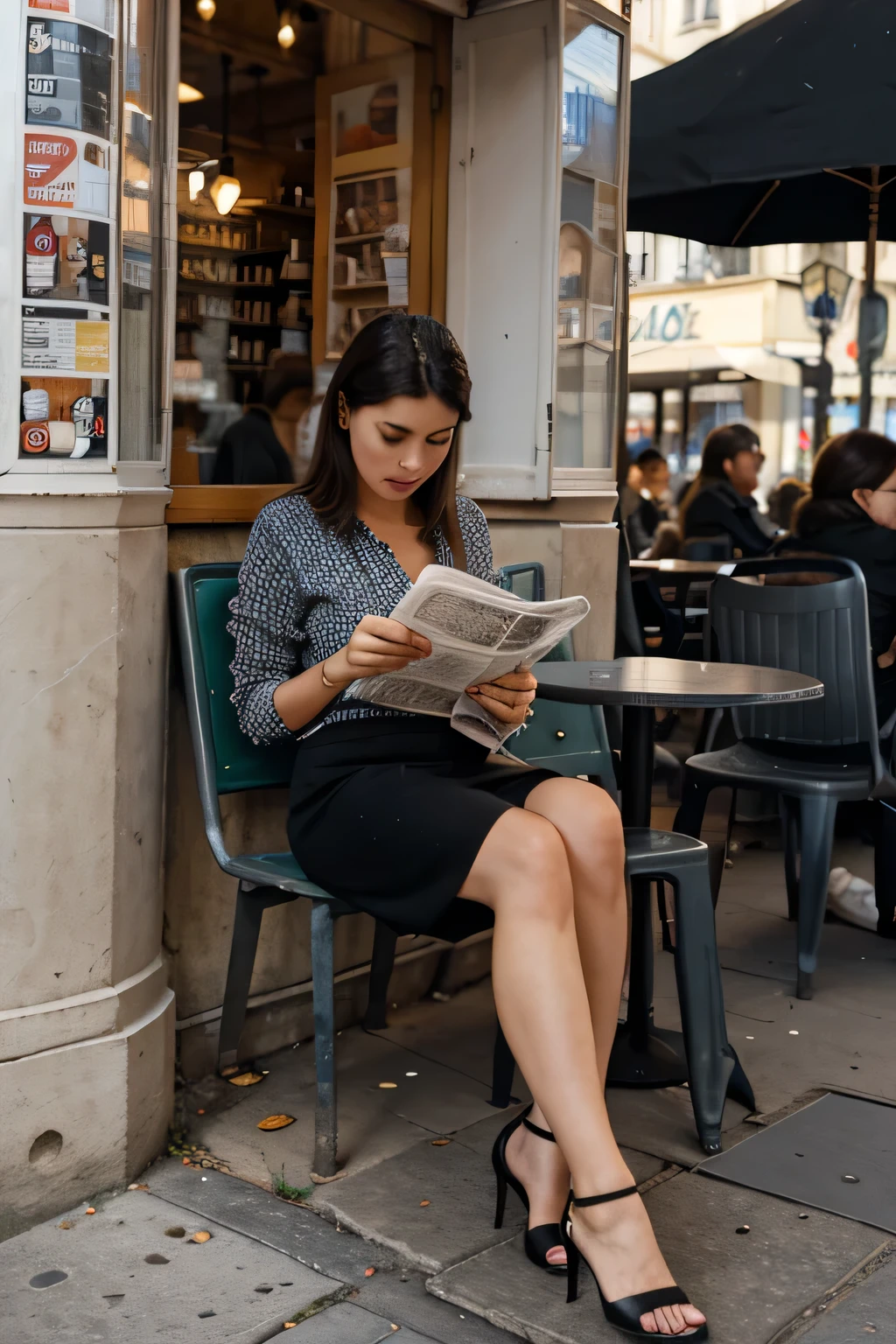 woman sitting at sidewalk cafe in paris, reading a newspaper