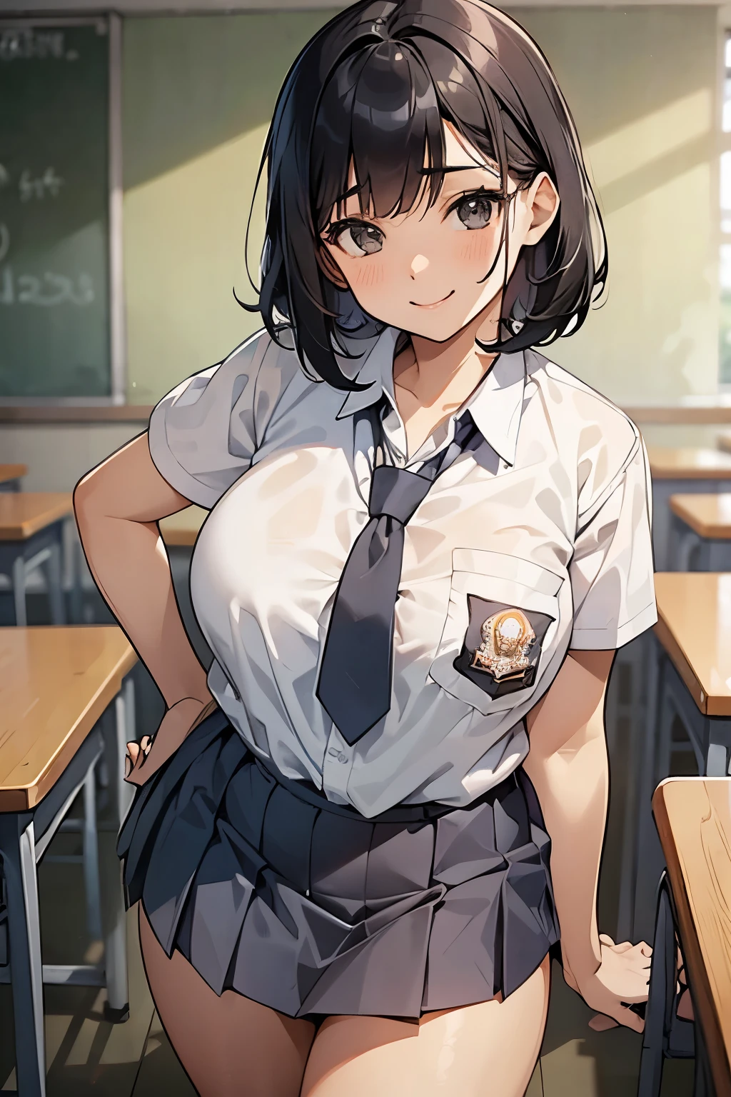 1 woman, 17 years old, black curly bob hair, plump body, black eyes, Indonesian high-school uniform, white shirt, osis logo on shirt pocket, natural big breasts, grey pleated skirt, full body shot, smiling, in the classroom.