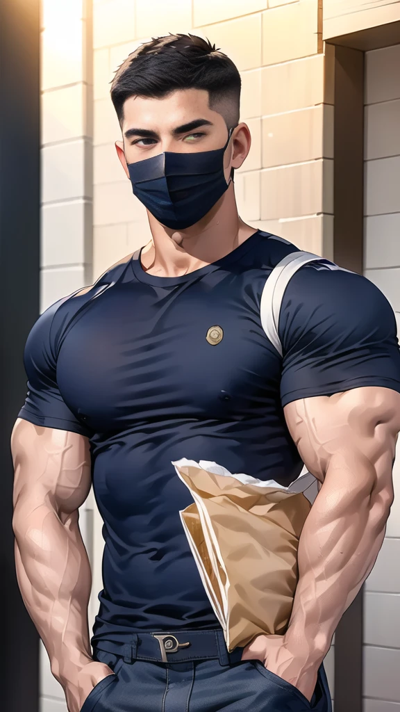 (handsome Man),(crew cut short hair:1.8),black eye,(Wear a fitted round neck t-shirt in navy with a police badge.:1.5),(fit neck),Navy blue jeans,(black_gloves:1.2), Korean guy,chest muscles,large arm muscles,blood vessel,Big muscles,Broad shoulders, (open mouth:1.2),(face up:1.2),(open eyes:1.5), middle of the road,smile,(backpack:1.3), In front of the bread shop ,(Cotton Mask:1.3