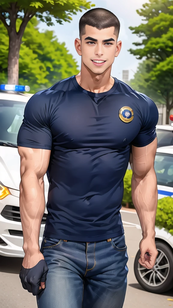 (handsome Man),(crew cut short hair:1.8),black eye,(Wear a fitted round neck t-shirt in navy with a police badge.:1.5),(fit neck),Navy blue jeans,(black_gloves:1.2), Korean guy,chest muscles,large arm muscles,blood vessel,Big muscles,Broad shoulders, (open mouth:1.2),(face up:1.2),(open eyes:1.5), middle of the road,smile, In front of the bread shop