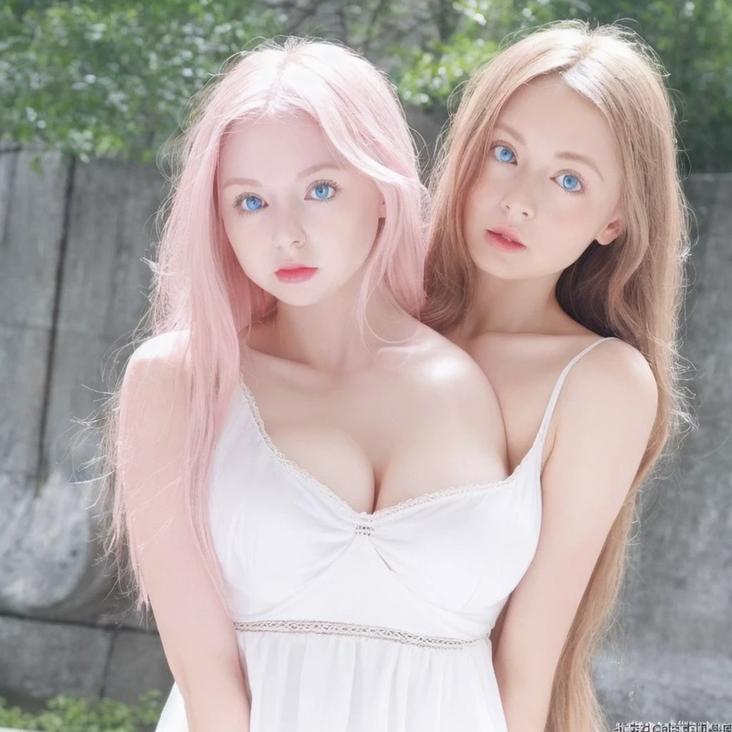 girl,fit,thin white dress,Japanese face,long hair,light pink hair,blue eyes,The breasts are not very large.,Not plump,Pink cheeks