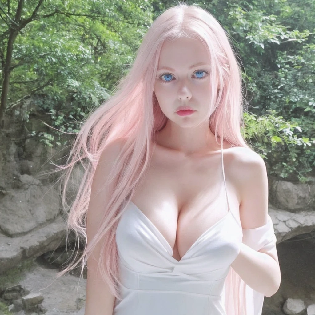 girl,fit,thin white dress,Japanese face,long hair,light pink hair,blue eyes,The breasts are not very large.,Not plump,Pink cheeks