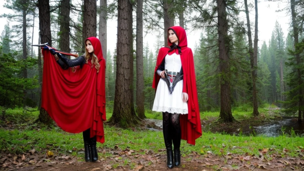 little Red Riding Hood，Fantasy World，White hair，Sexy body，tall，slim，Wearing tights，Red and gold eyes，With a musket in his hand，Wearing black，Hair with red highlights，Wearing leather armor，Metal arm armor，Wears a red hood，Wear a shawl，The shawl is very short，Wearing long boots，side fringe，Hips，Royal sister，Demon hunter，High and cold