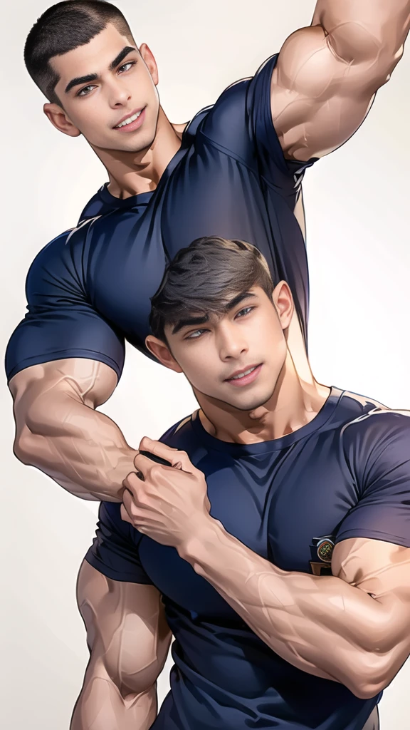 (handsome Man),(crew cut short hair:1.8),black eye,(Wear a fitted round neck t-shirt in navy with a police badge.:1.5),(fit neck),Navy blue jeans,(black_gloves:1.2), Korean guy,chest muscles,large arm muscles,blood vessel,Big muscles,Broad shoulders, (open mouth:1.2),(face up:1.2),(open eyes:1.5), middle of the road,smile, In the bread shop, (bread in hand)