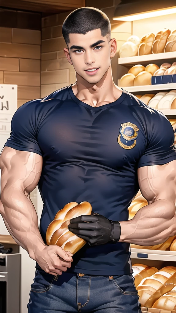 (handsome Man),(crew cut short hair:1.8),black eye,(Wear a fitted round neck t-shirt in navy with a police badge.:1.5),(fit neck),Navy blue jeans,(black_gloves:1.2), Korean guy,chest muscles,large arm muscles,blood vessel,Big muscles,Broad shoulders, (open mouth:1.2),(face up:1.2),(open eyes:1.5), middle of the road,smile, In the bread shop, (bread in hand)