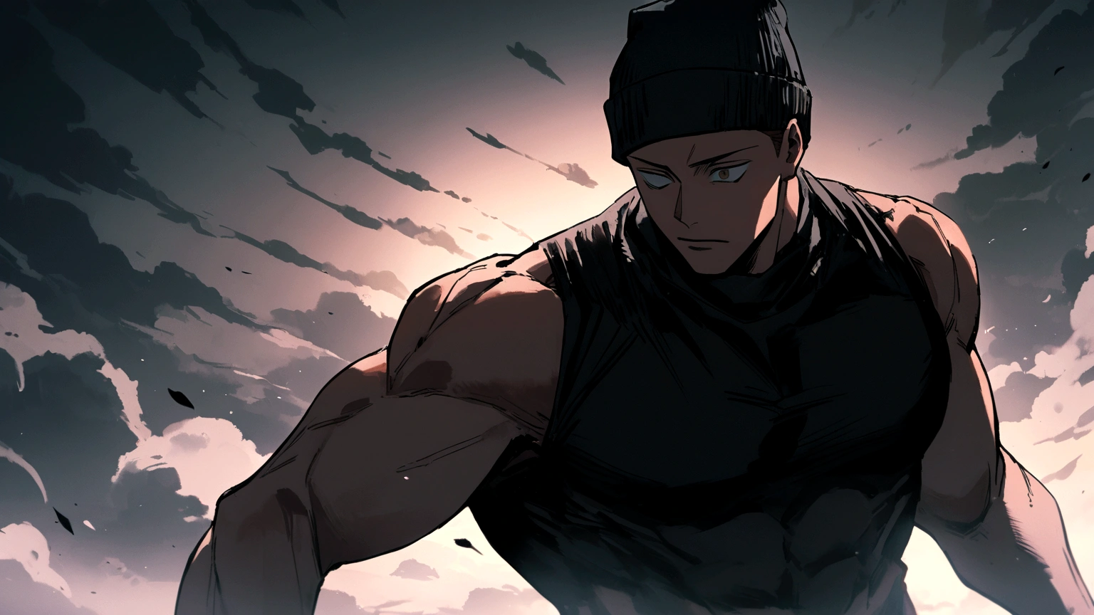 Muscular boy with medium brown hair and black beanie hat floating like Gojo from the anime Jujutsu Kaisen