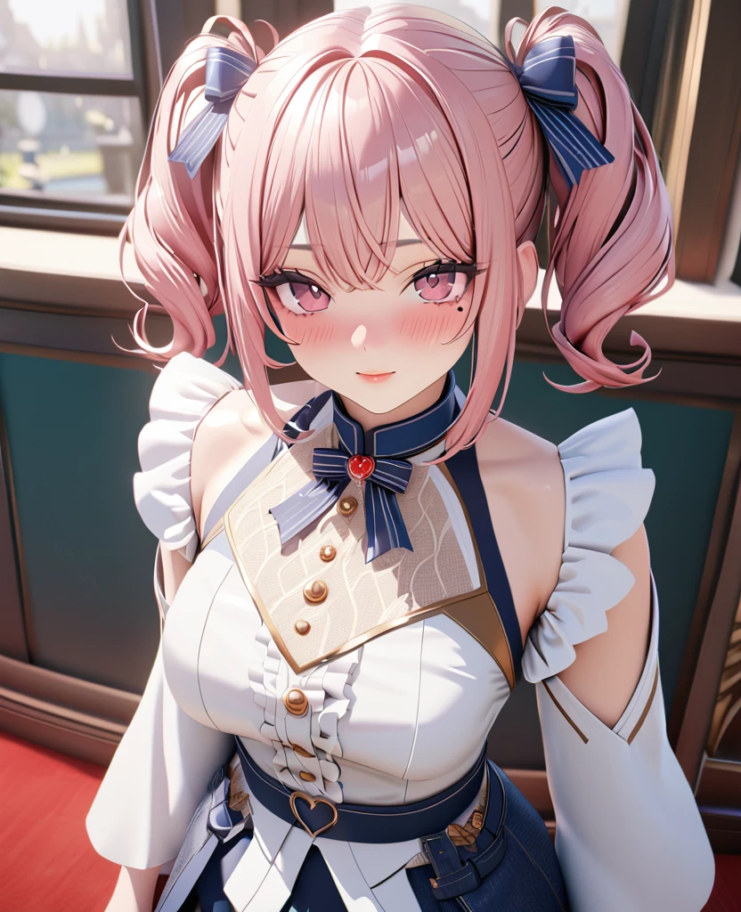 masterpiece, best quality, highly detailed, high resolution, expensive resolution, high resolution, 4K, 8k, uniform 8k wallpaper, highly detailed CG, masterpiece, 2D, 3D, beautiful details, depth, fine texture, best quality: 1.3, perfectly focused, crispy. skin, him, cute anime 20s girl, her name is Mei, idol, expensive brown short twin tails, mole under eye, looking at the viewer, cowboy shorts, expensive, blush, mole, plump lips, heart, pink eyes, heart shaped choker