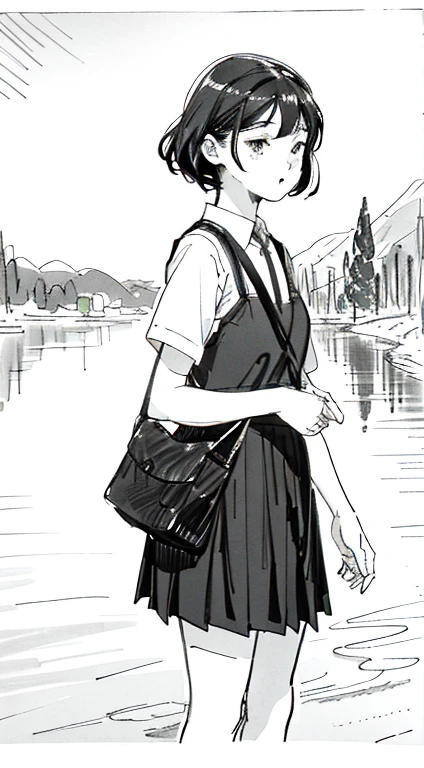 One Girl,Line art,Monochrome,sketch,Pencil drawing,Traditional Media,One Girl, skirt,Cute age Girls, ,Beautiful portrait、Delicate body、Black Hair、Black Hair,landscape