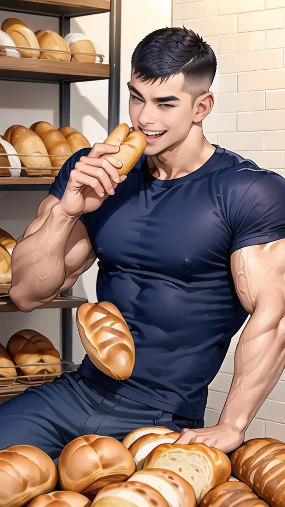 (????: 1.5), (handsome Man sitting on table eating bread ),(crew cut short hair:1.8),black eye,(Wear a fitted round neck t-shirt in navy with a police badge.:1.5),(fit neck),Navy blue jeans,(black_gloves:1.2), Korean guy,????? muscles,large arm muscles,blood vessel,Big muscles,Broad shoulders, (open mouth:1.2),(face up:1.2),(open eyes:1.5), middle of the road,smile, In the bread shop,